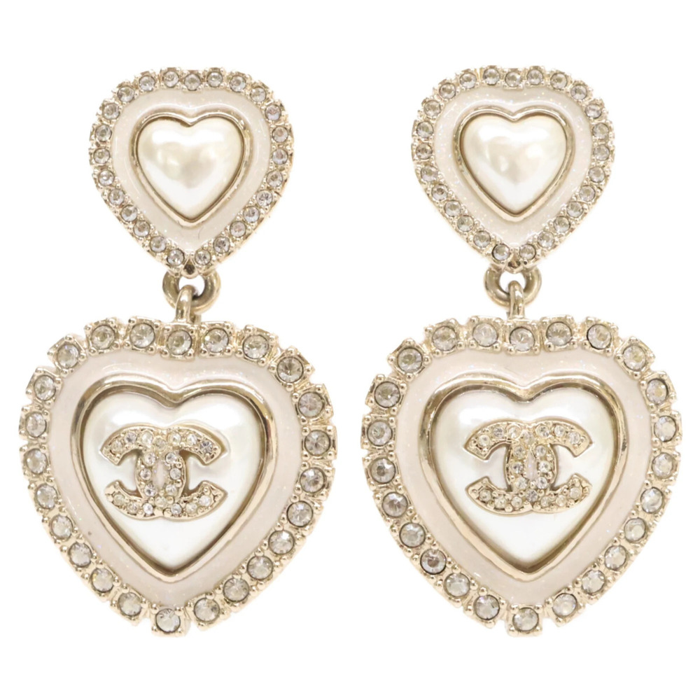 CHANEL C24A Rhinestone Coco Mark Double Heart Pearl Earrings, Champagne Gold,...
